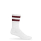 White casual athletic socks with two maroon retro stripes on the leg