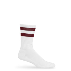 White casual athletic socks with two maroon retro stripes on the leg