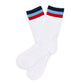 White crew socks with 3 stripes at the top of the leg in light blue, navy, and red.