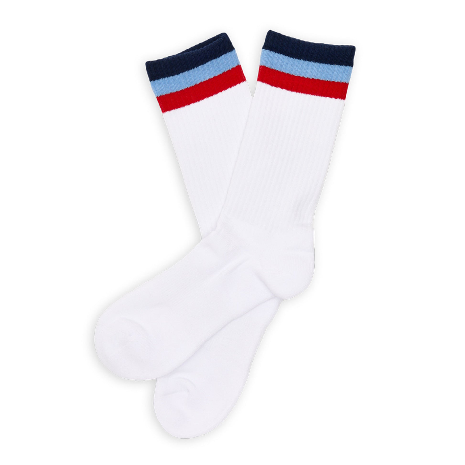 powder blue crew socks with 3 Red, Navy, and White stripes on mannequin