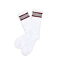 White casual crew socks with 4 thin stripes on the top in maroon and grey laid out flat.