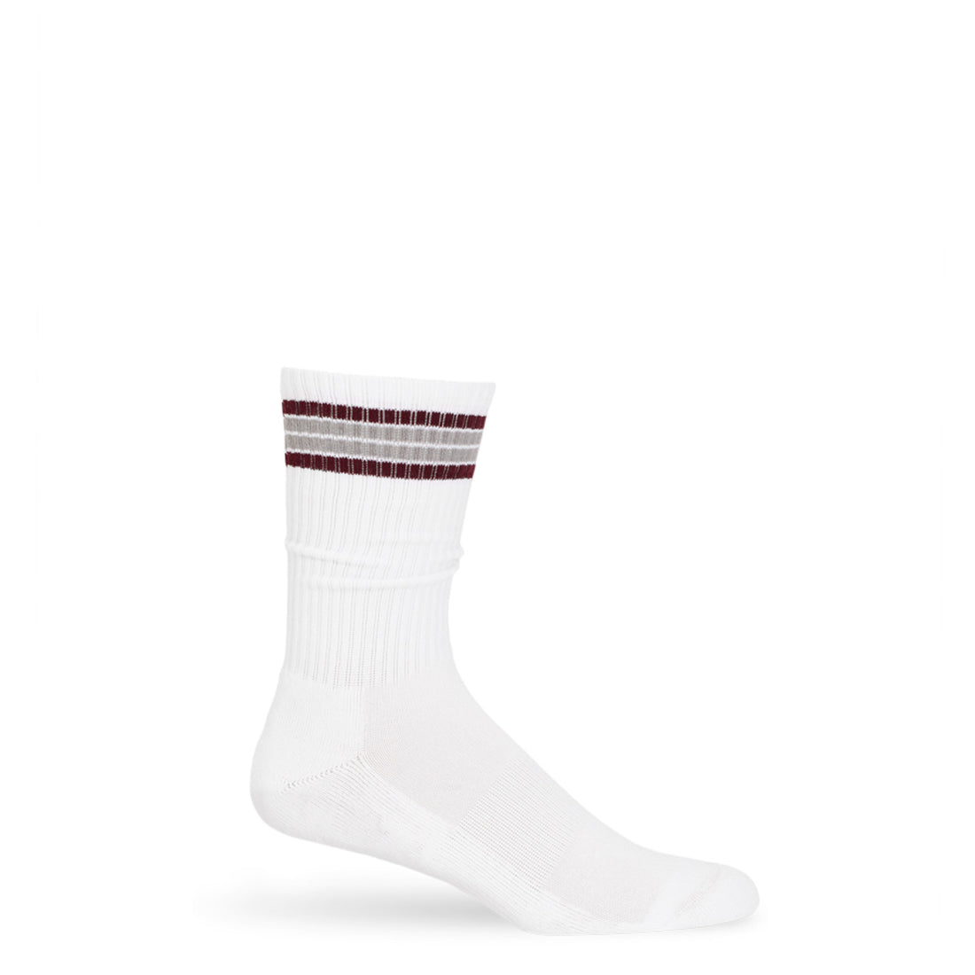 White casual crew socks with 4 thin stripes on the top in maroon and grey colors.