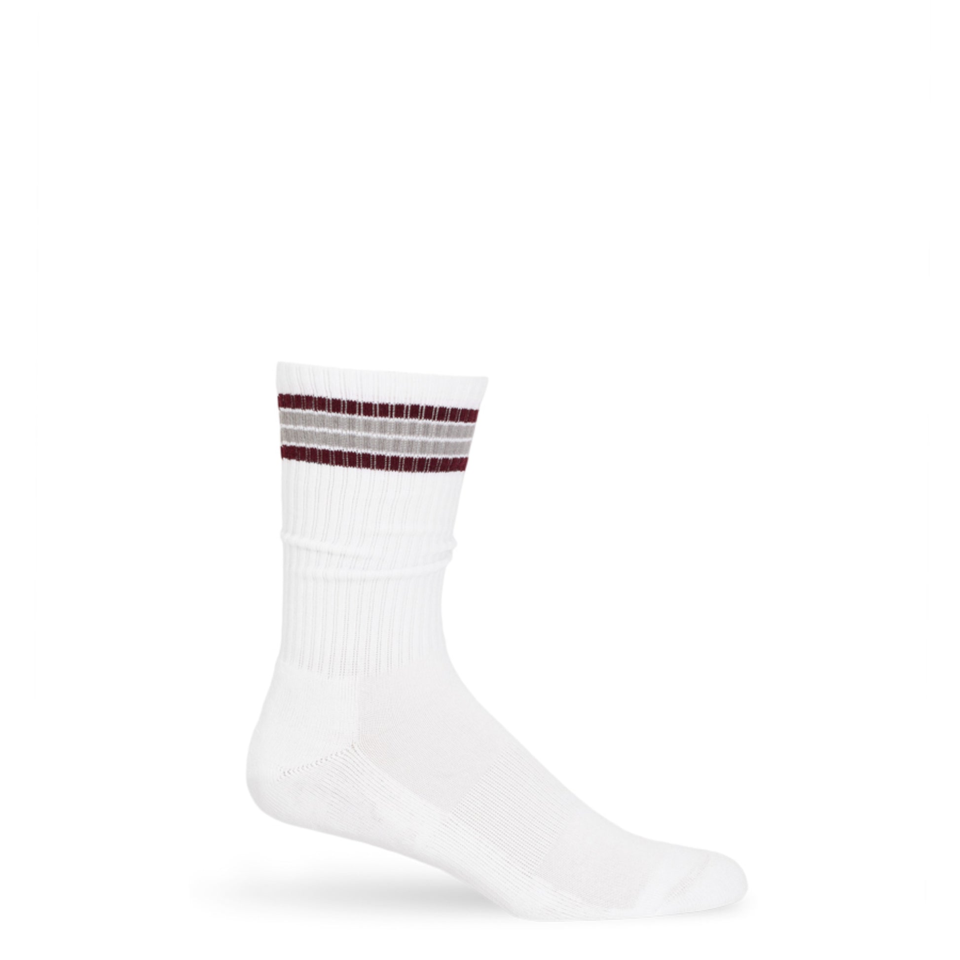 White casual crew socks with 4 thin stripes on the top in maroon and grey colors.