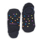 Navy blue invisible socks with multiple colors of dots laid out flat