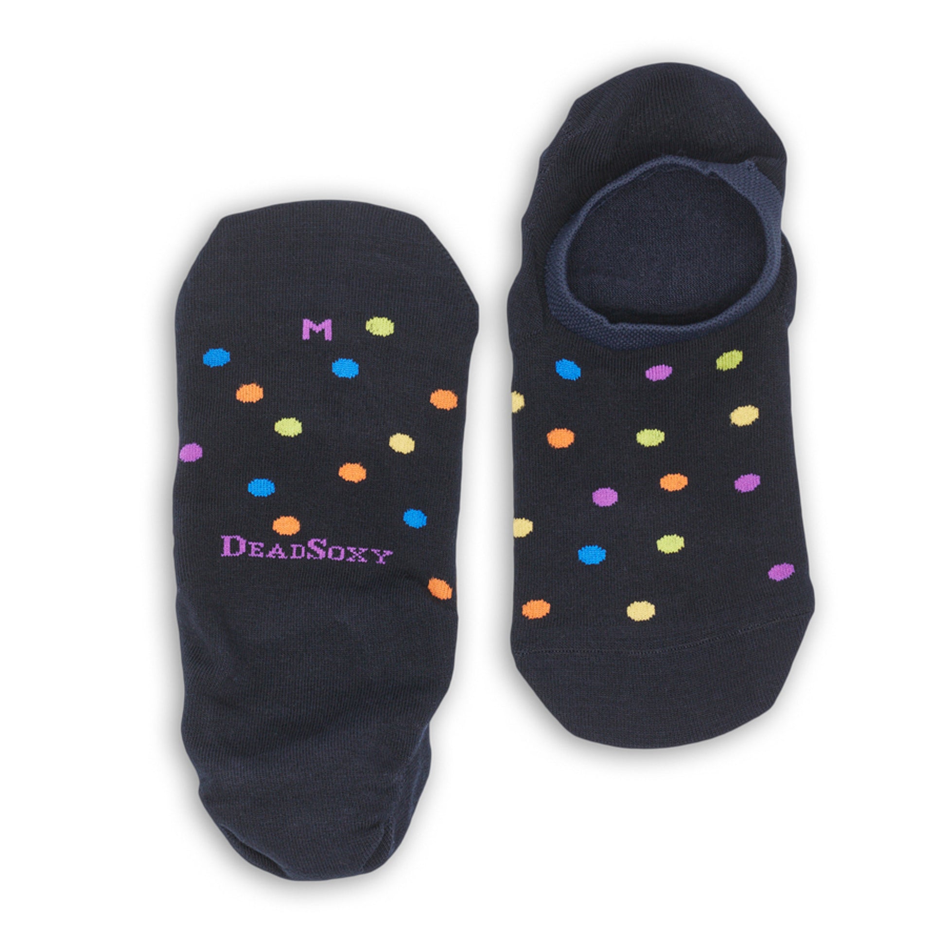 Navy blue invisible socks with multiple colors of dots laid out flat