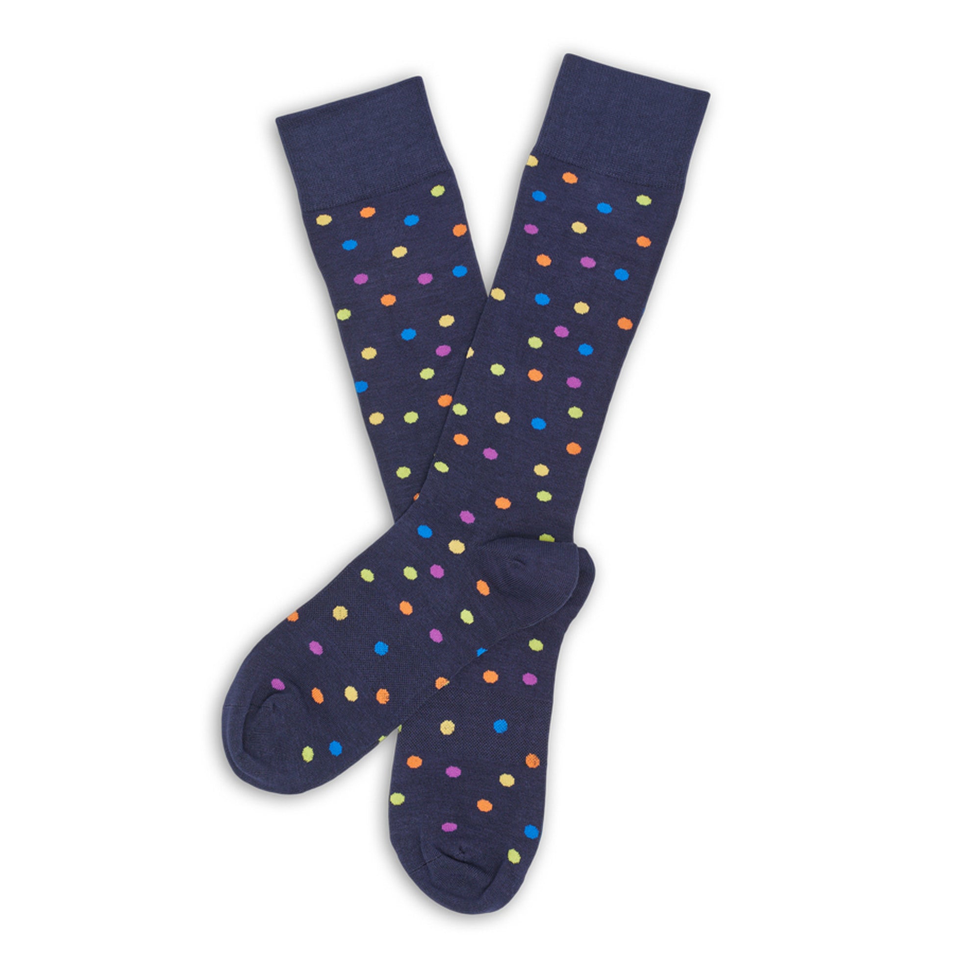 Navy dress socks with medium size dots in purple, orange, yellow, blue and green colors shown laid flat.