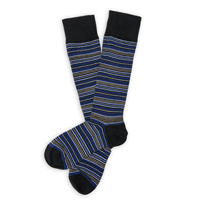 DeadSoxy Zane Cotton Dress Socks flat lay showing fine blue, cream and gray stripes on a black base