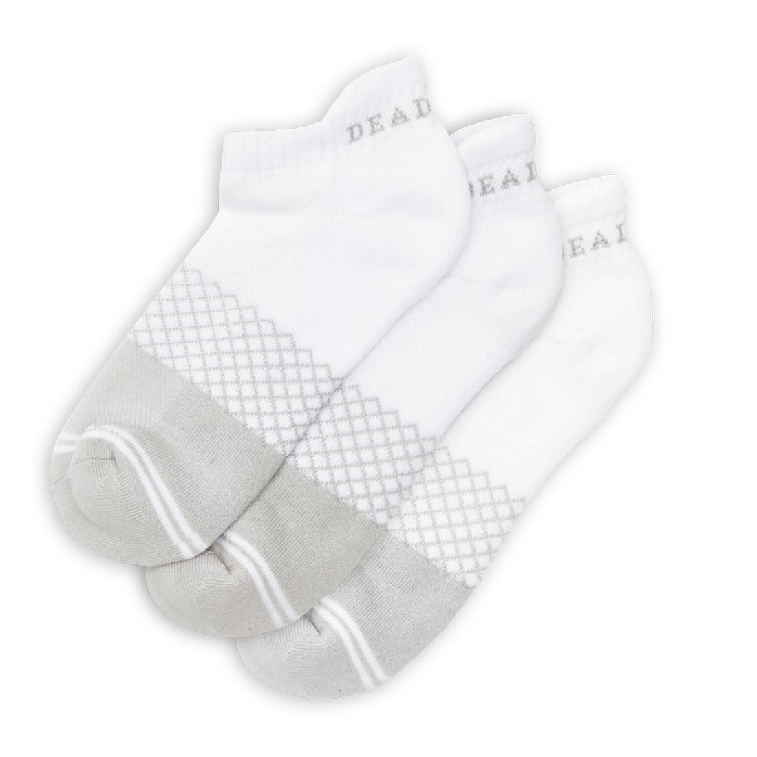 Three-pack of DeadSoxy white ankle socks with gray accents and superior cushioning for everyday comfort