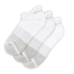 Three-pack of DeadSoxy white ankle socks with gray accents and superior cushioning for everyday comfort