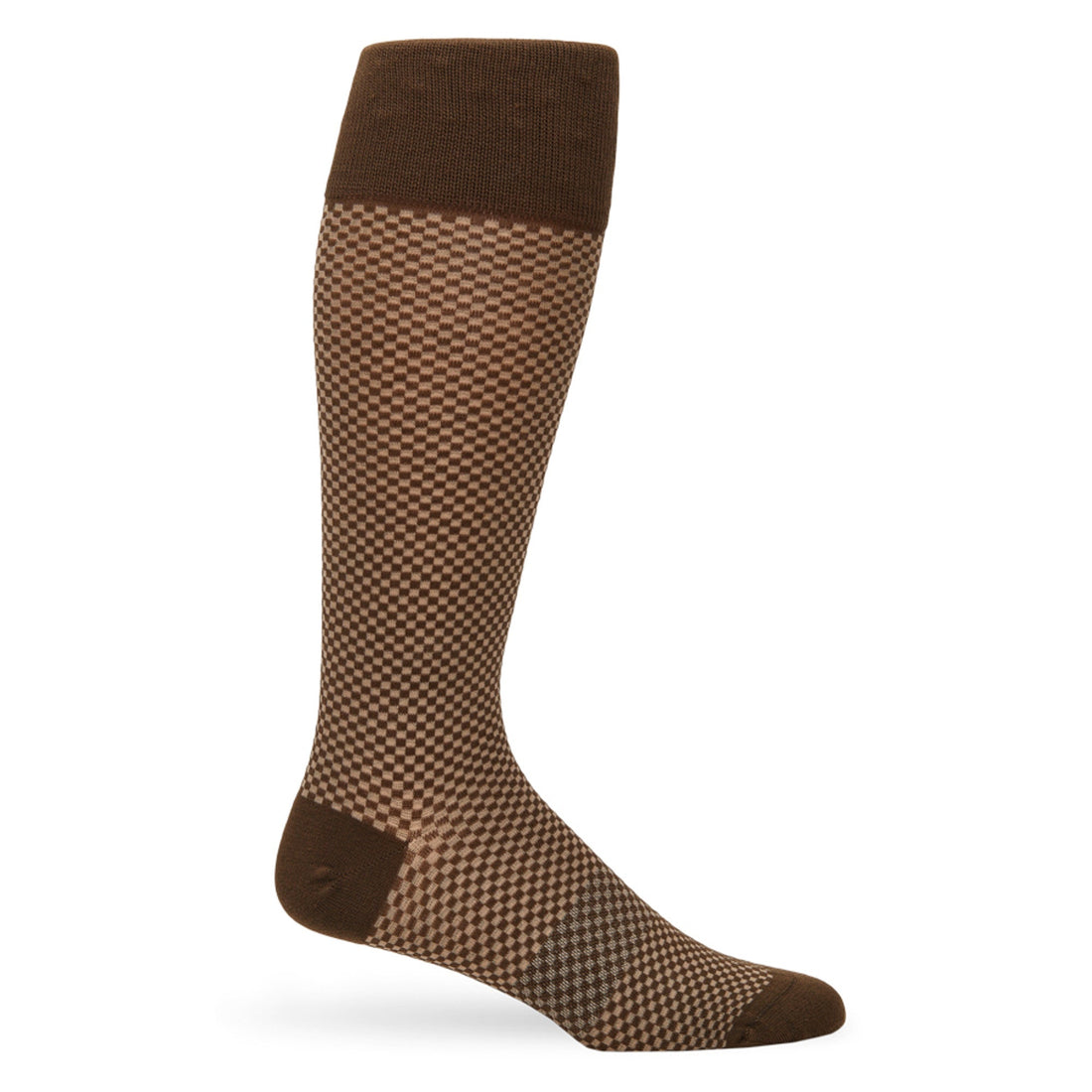 Close-up of premium brown houndstooth dress socks with reinforced heel and seamless toe closure for office wear.