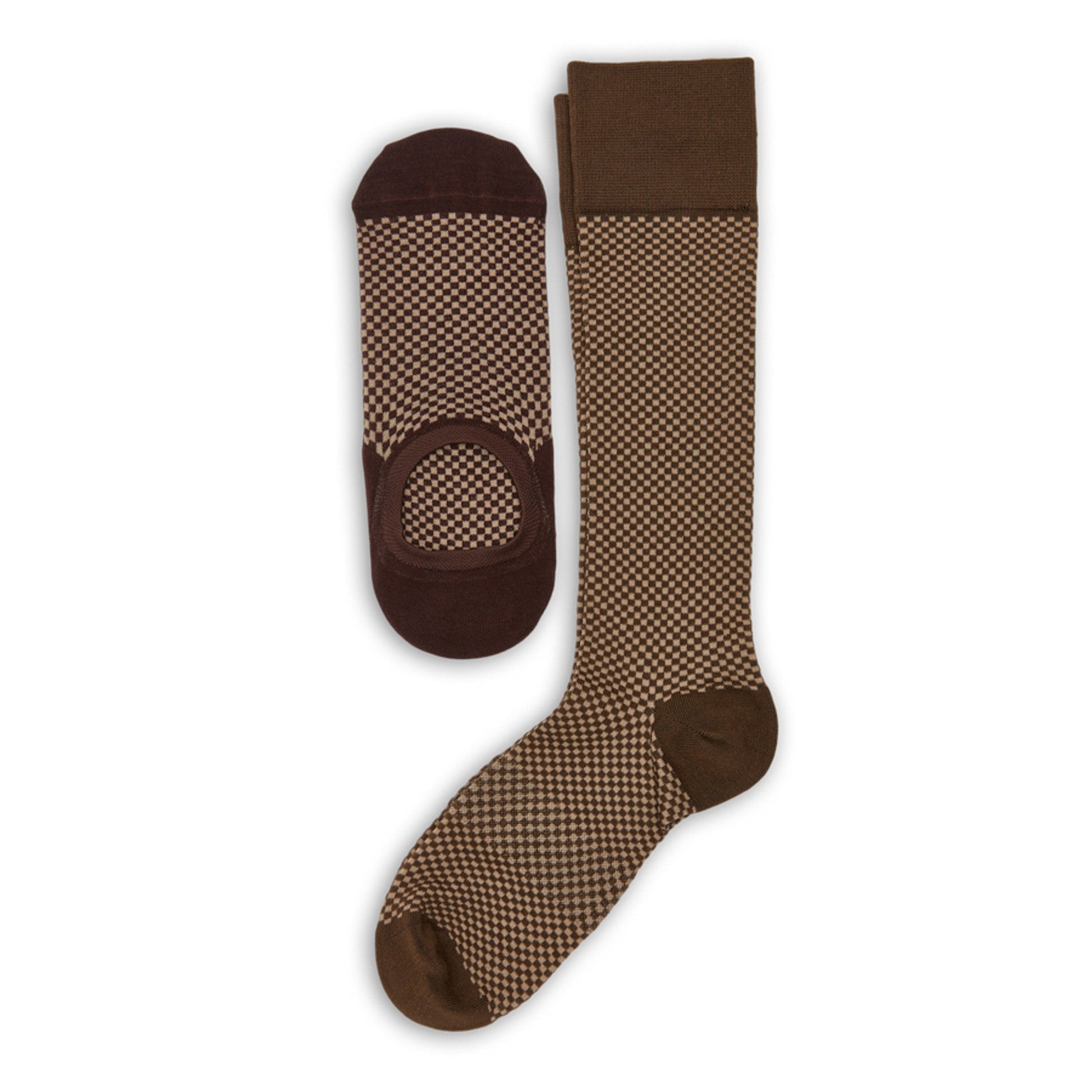 Axl & Teddy Mixed Sock Bundle with one pair of brown houndstooth dress socks and one pair of matching no-show socks for versatile footwear options.