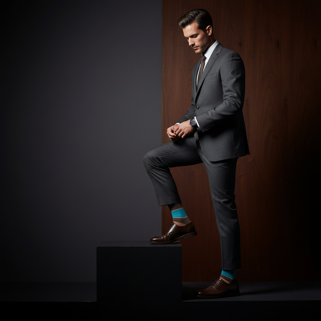 Model wearing Beckett dress socks while stepping forward, showing striped pattern in a lifestyle setting.
