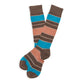 Brown striped Beckett dress sock laid flat to show full-length pattern and stitching.