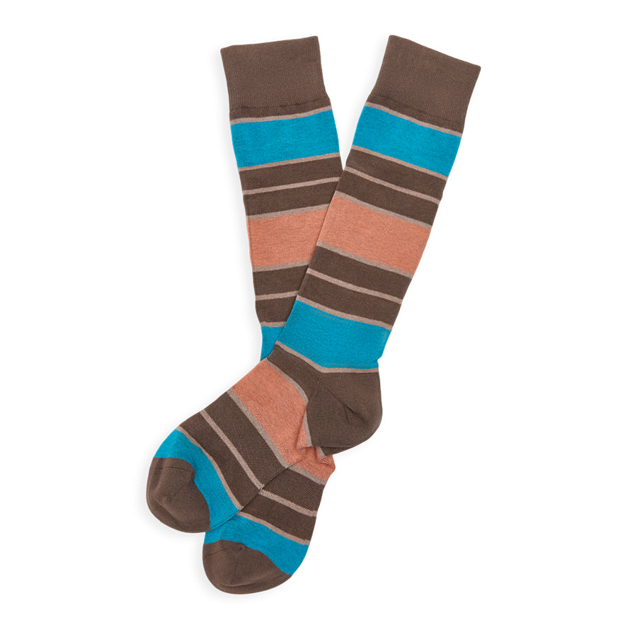 Brown striped Beckett dress sock laid flat to show full-length pattern and stitching.