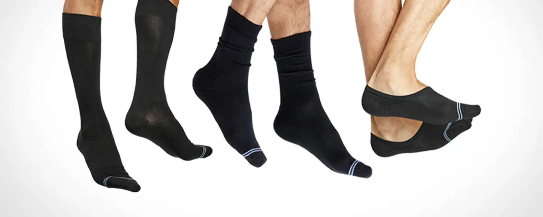 Black socks displayed on feet against a white background