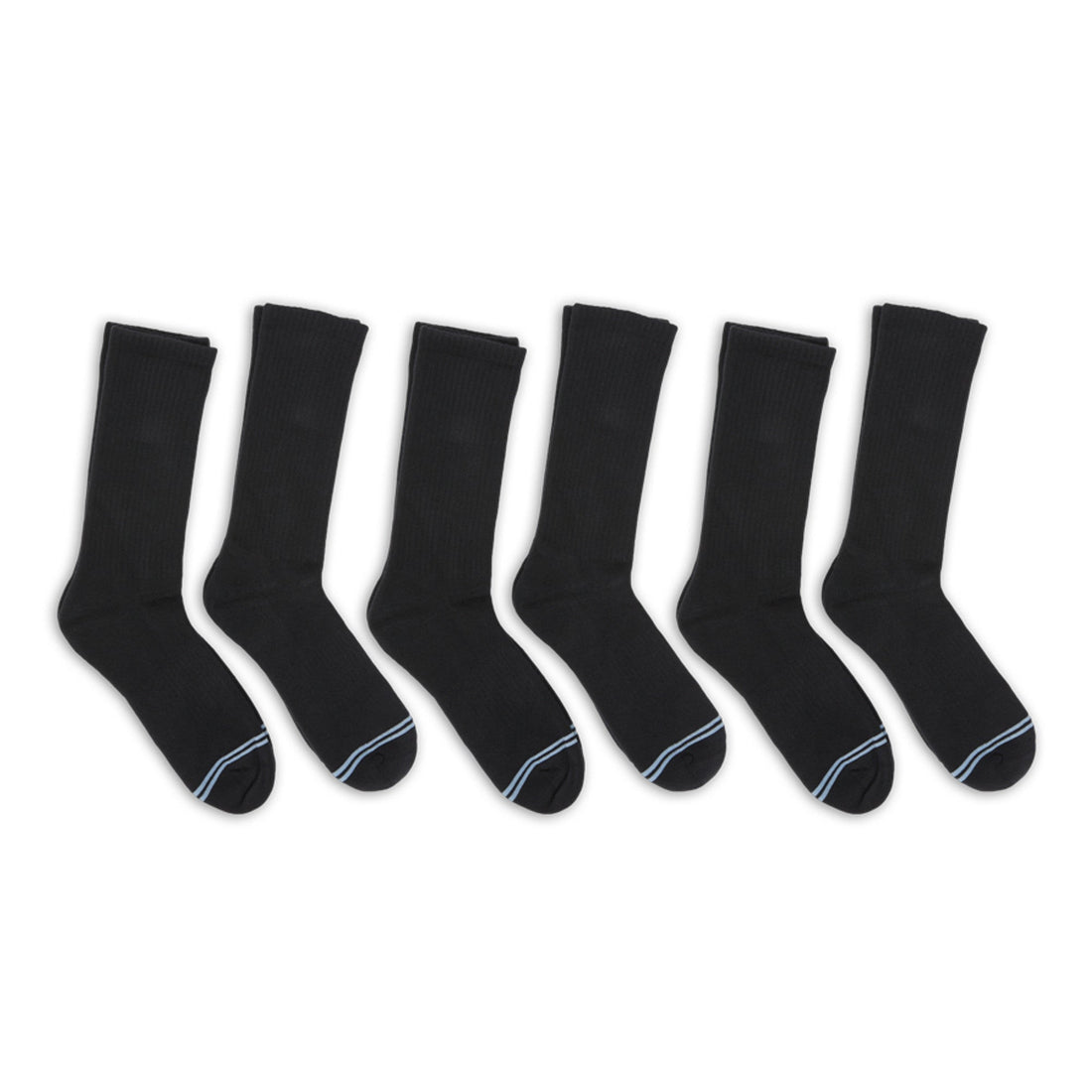 6 pairs of premium DeadSoxy casual crew socks with black base color and 2 light blue accent stripes across toes.