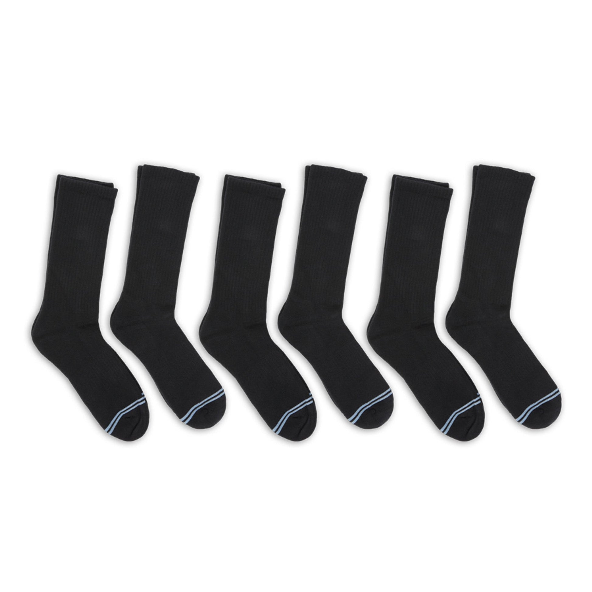 6 pairs of premium DeadSoxy casual crew socks with black base color and 2 light blue accent stripes across toes.