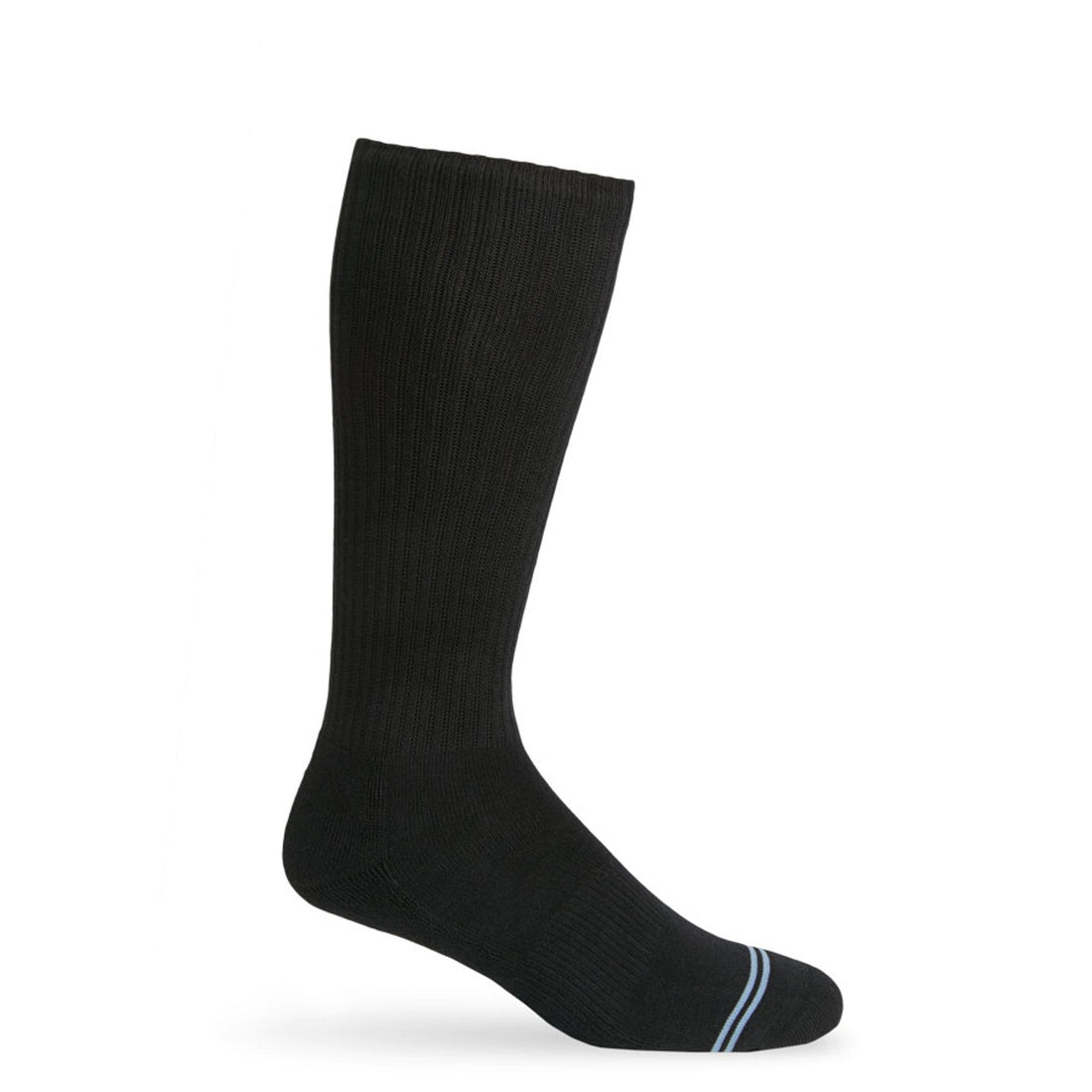 Black casual crew athletic lounger sock on mannequin with light blue double stripe across toe
