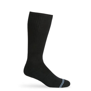 Black casual crew athletic lounger sock on mannequin with light blue double stripe across toe