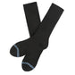 Black casual crew athletic lounger sock with light blue double stripe across toe laid out flat