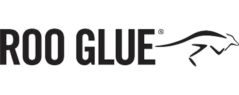 Black ’roo glue’ logo with a stylized animal silhouette to the right.