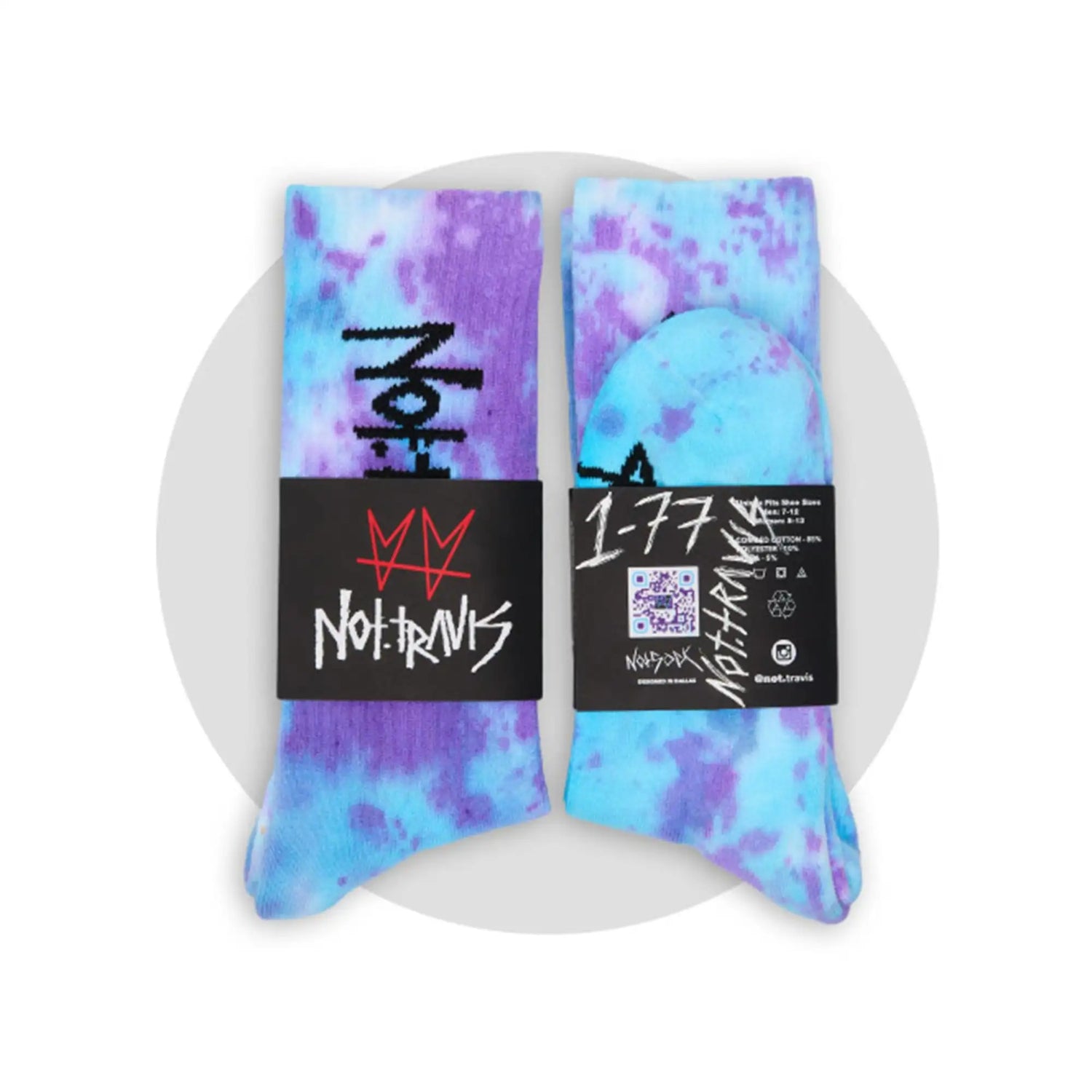 Blue and purple tie-dye socks with black graphic branding.