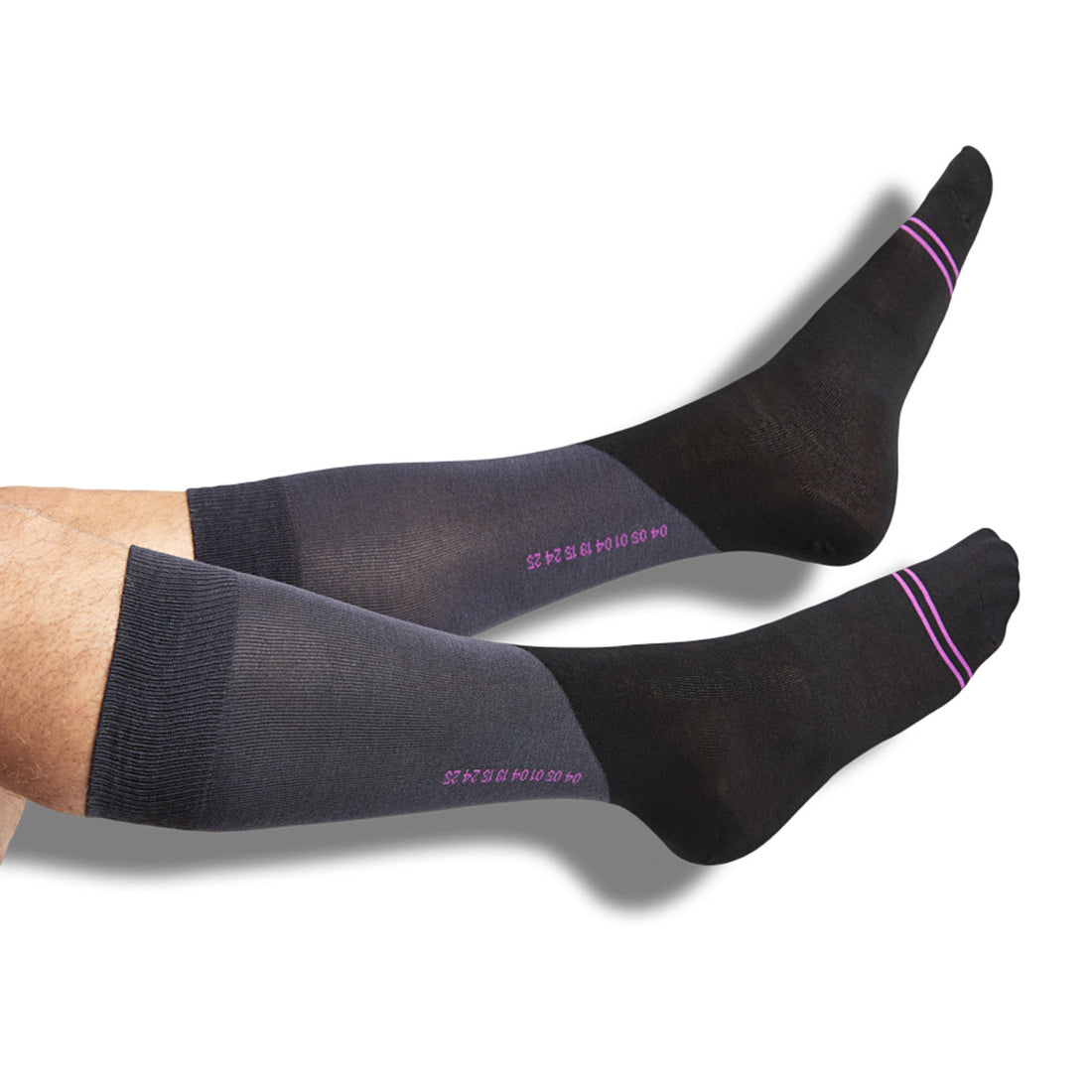 Black and Charcoal dress socks with electric grape accents and numbers in grape on legs