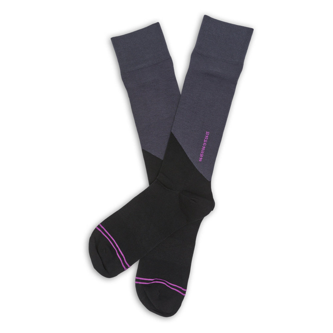 Black and Charcoal dress socks with electric grape accents and numbers laid out flat.