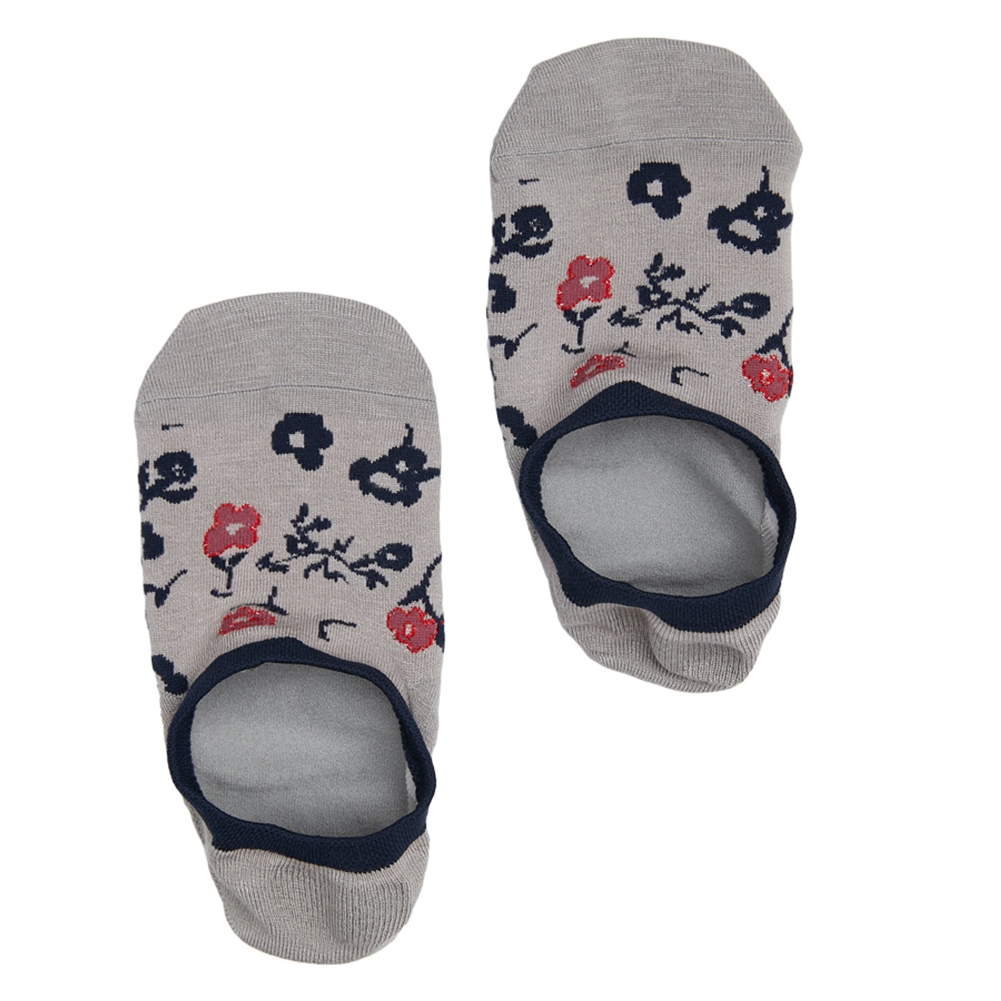 1 pair of no show socks lay flat side by side in solid white with a navy blue and red floral pattern and navy blue welt