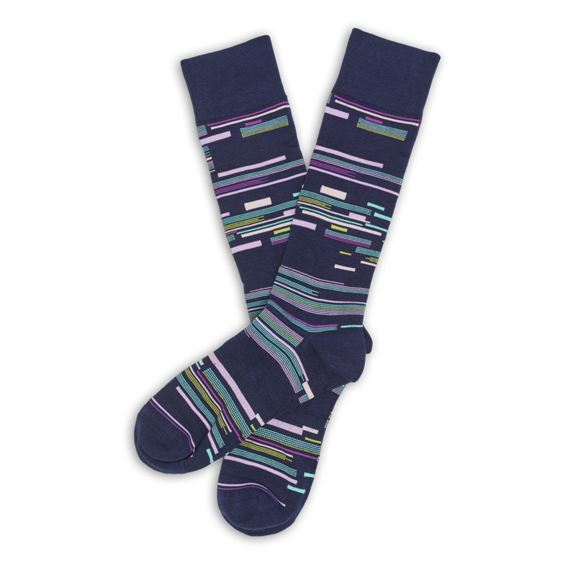 Navy Blue dress socks with green, pink, purple and yellow accents in a patchwork design laid out flat.