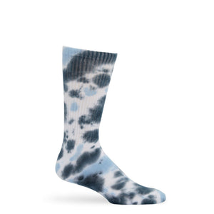 White, Dark Teal, and Powder Blue Tie-Dye casual crew athletic lounger sock on mannequin.
