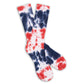 Red and Navy Tie-Dye  on white casual crew athletic lounger sock on mannequin laid out flat.