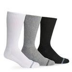 3 premium DeadSoxy casual crew socks from left to right - white, grey, and black, with 2 accent stripes across toes.