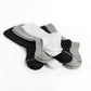 3 premium DeadSoxy casual crew socks flat folded at the heel from left to right white, grey, and black, with 2 accent stripes across toes.