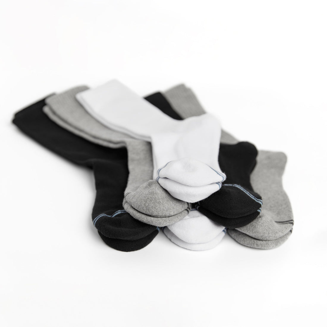 3 premium DeadSoxy casual crew socks flat folded at the heel from left to right white, grey, and black, with 2 accent stripes across toes.
