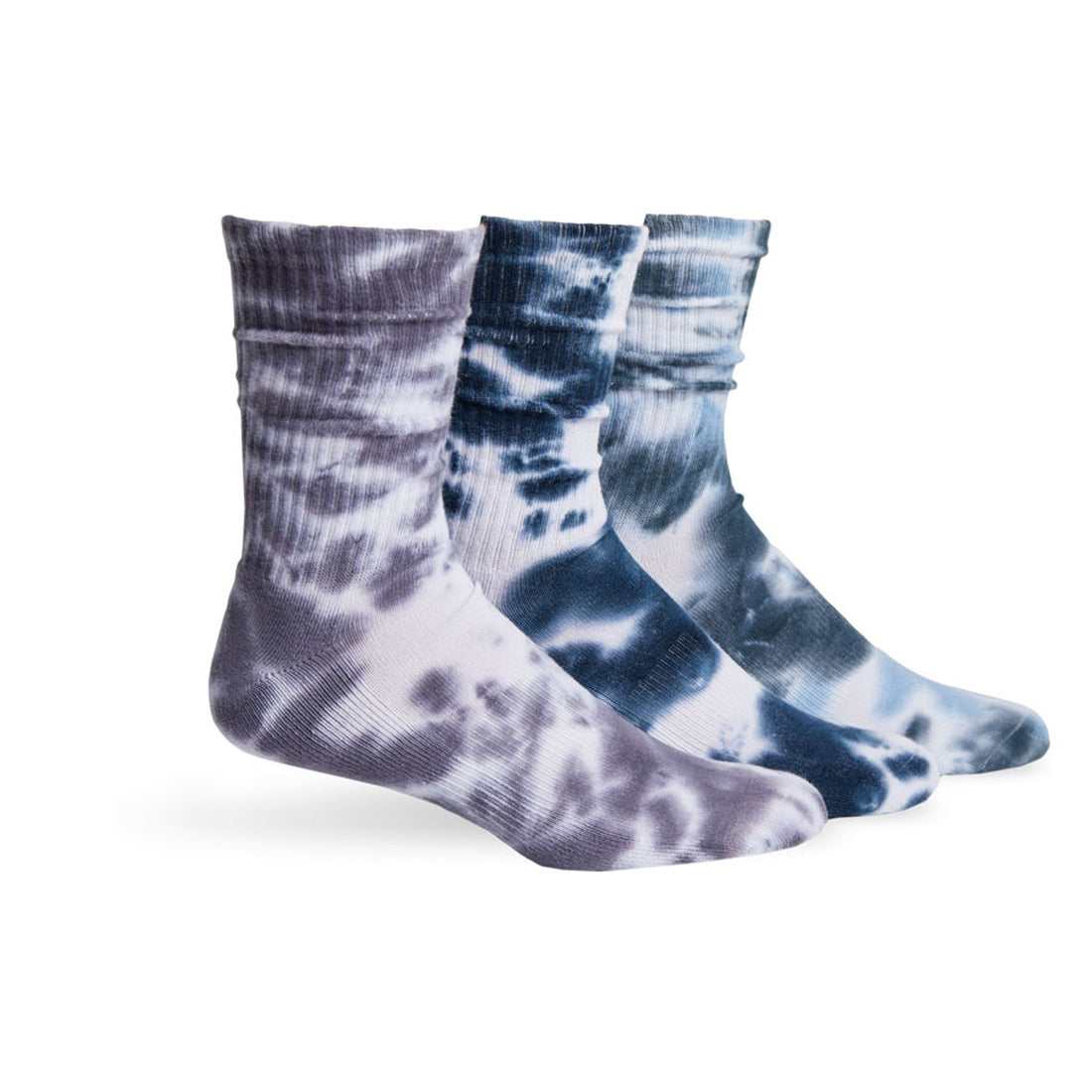 3 premium DeadSoxy Tie-Dye casual crew socks on mannequin scrunched down a bit.
