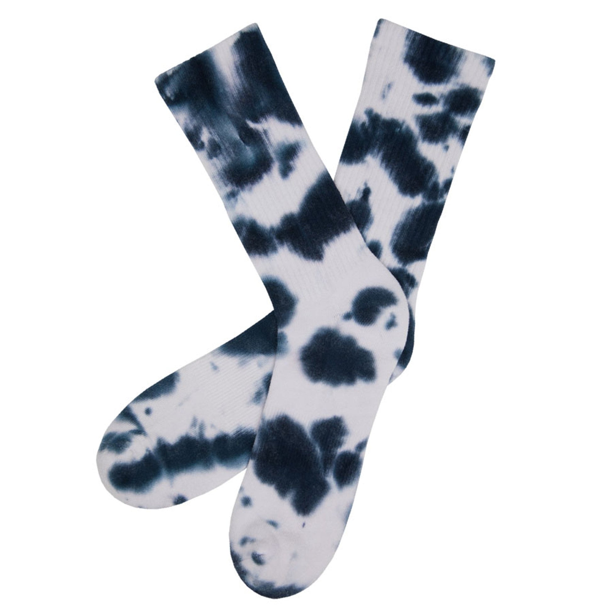 white and navy blue premium athletic lounger casual crew sock on legs coming into the image from the left