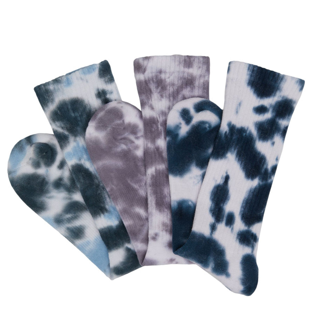 3 premium DeadSoxy Tie-Dye casual crew socks laid out flat in a spiral in a mixture of white, grey and blue colors.