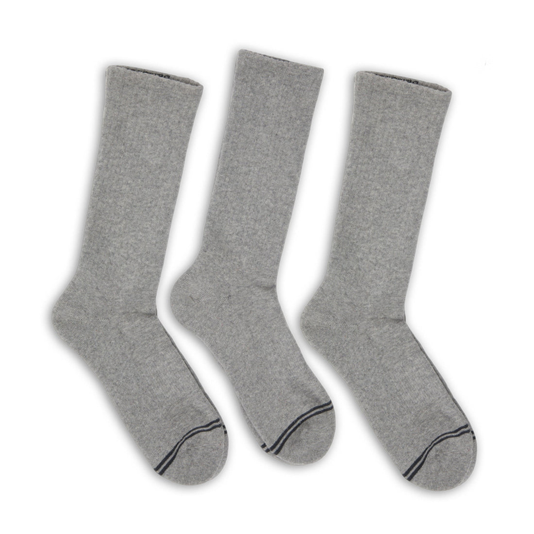 3 pairs of premium DeadSoxy casual crew socks with  grey base color and 2 charcoal accent stripes across toes.