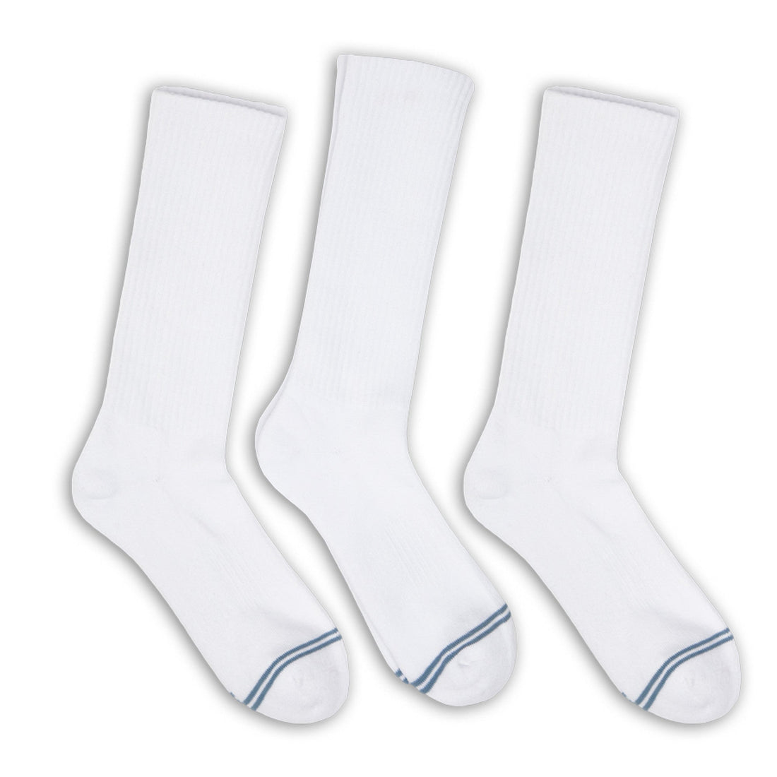 3 pairs of premium DeadSoxy casual crew socks with  white base color and 2 grey accent stripes across toes.