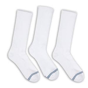 3 pairs of premium DeadSoxy casual crew socks with  white base color and 2 grey accent stripes across toes.