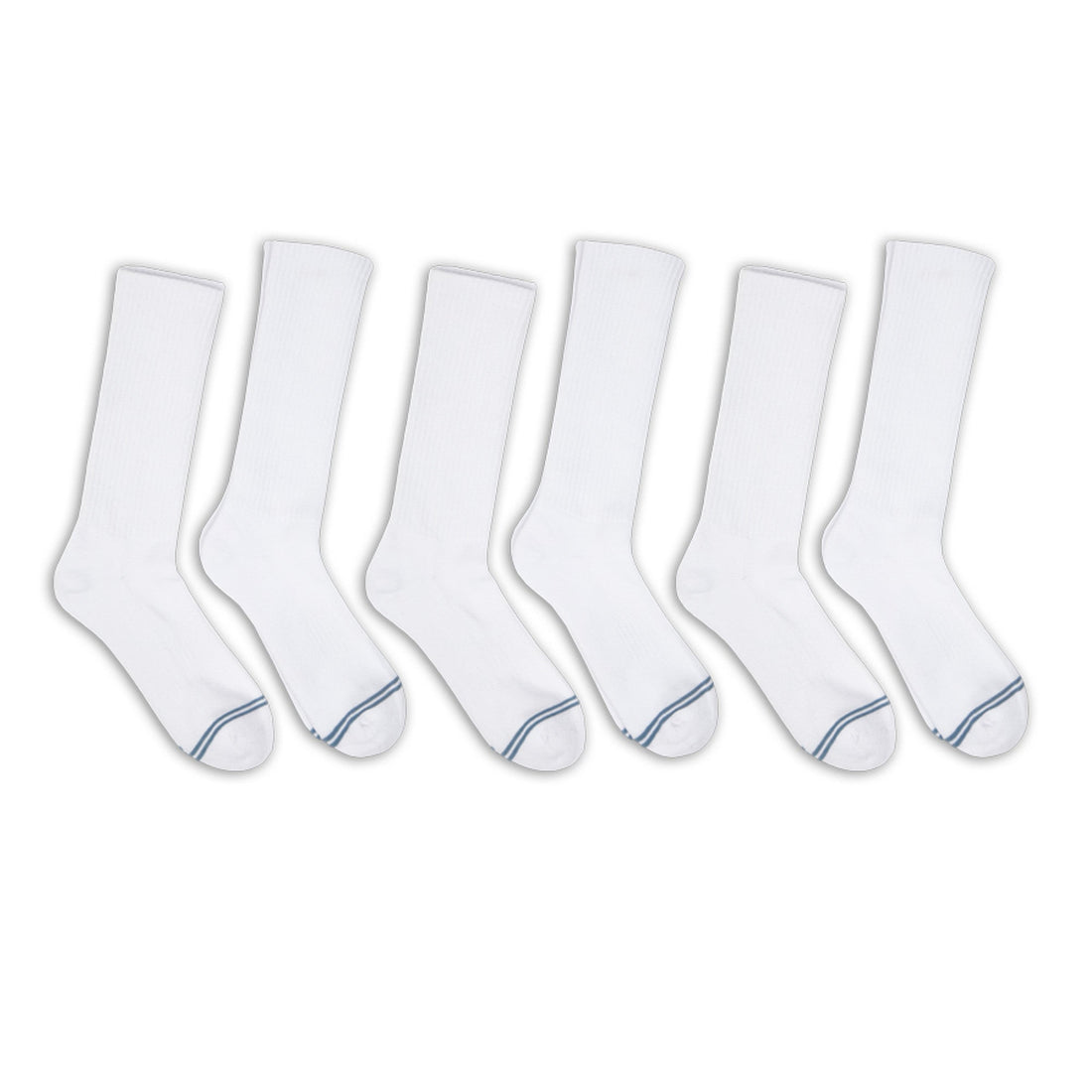 6 pairs of premium DeadSoxy casual crew socks with  white base color and 2 grey accent stripes across toes.