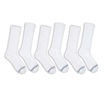 6 pairs of premium DeadSoxy casual crew socks with  white base color and 2 grey accent stripes across toes.