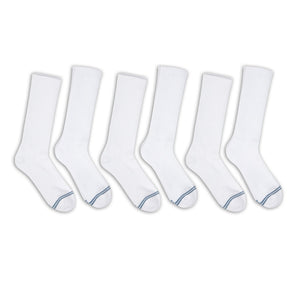 6 pairs of premium DeadSoxy casual crew socks with  white base color and 2 grey accent stripes across toes.
