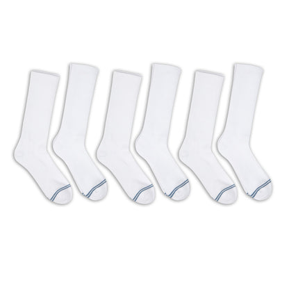 6 pairs of premium DeadSoxy casual crew socks with  white base color and 2 grey accent stripes across toes.
