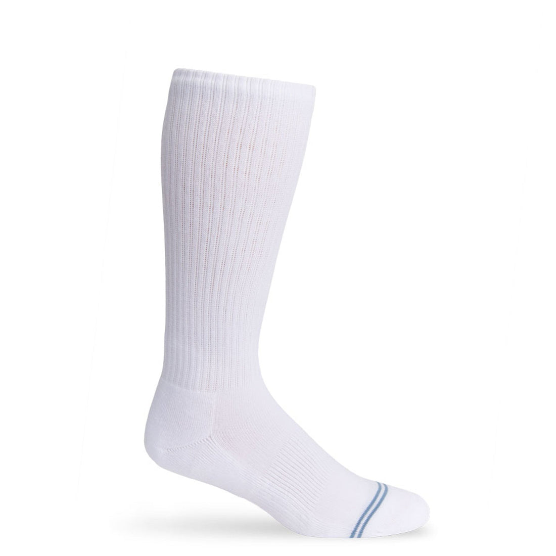 White crew athletic lounger sock on mannequin with light grey double stripe across toe