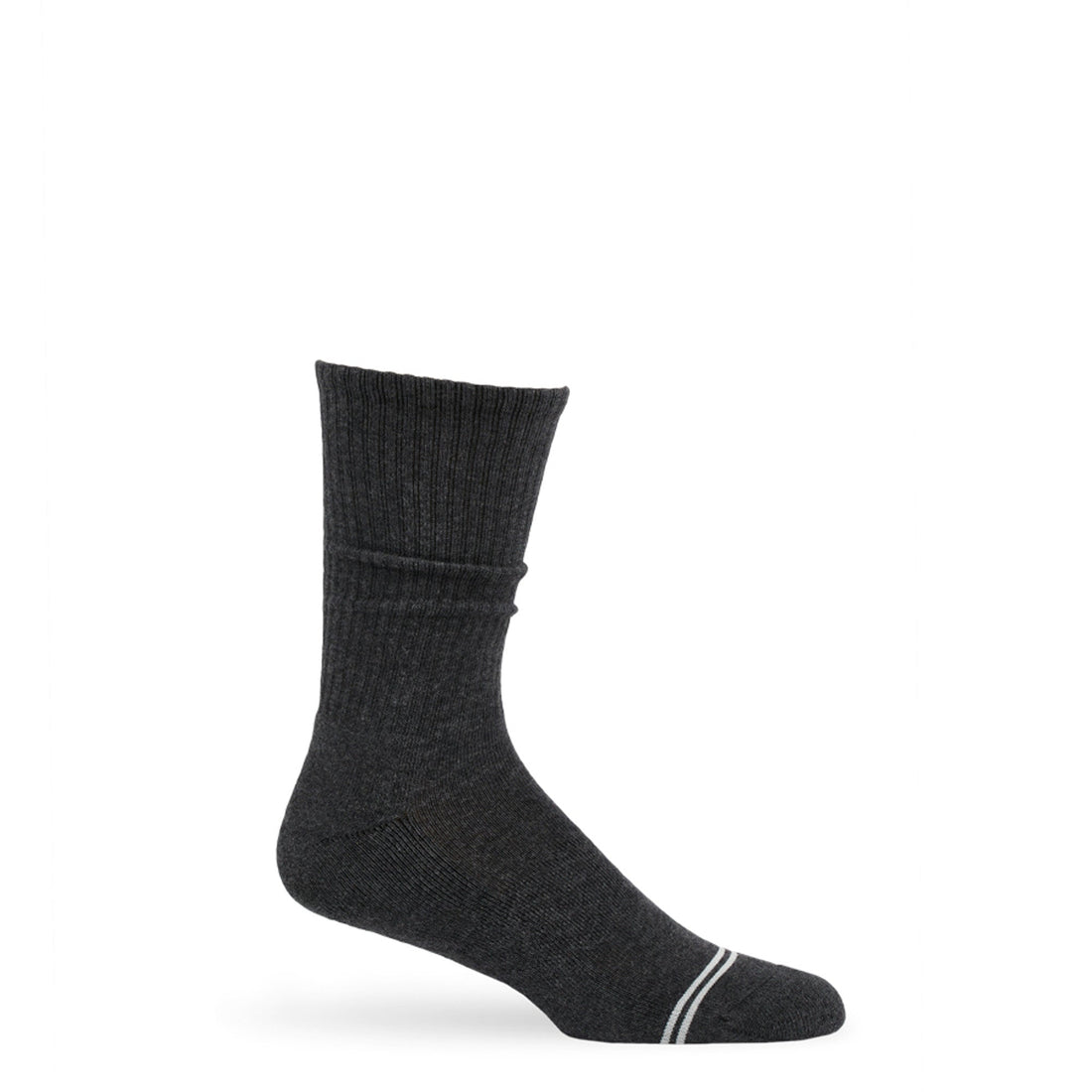 Charcoal casual crew athletic lounger sock on mannequin with light grey double stripe across toe