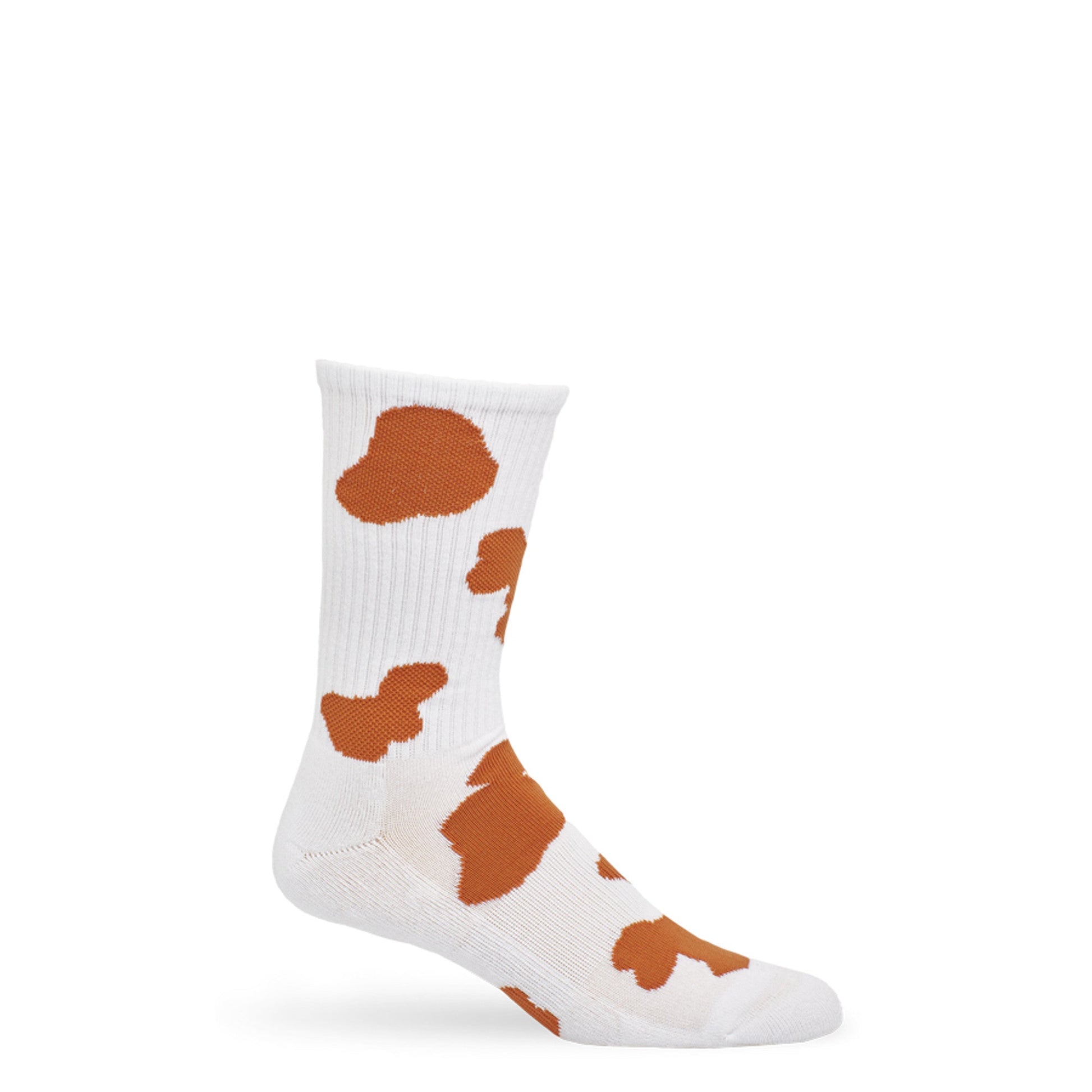 Burnt Orange and white cow print casual socks with cushion in footbed