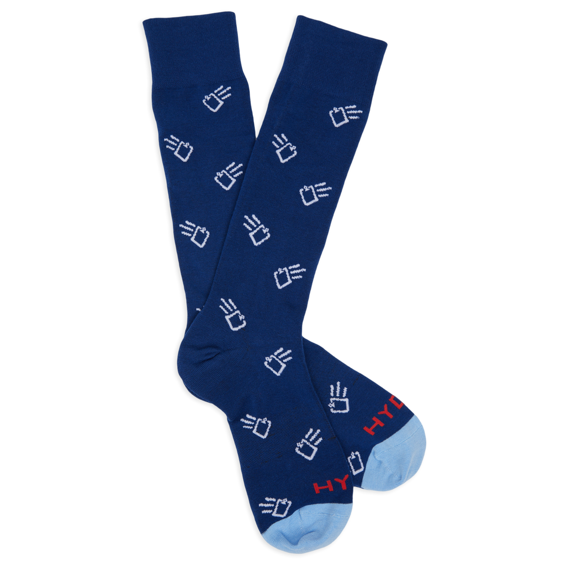 Navy dress sock with flying clipboards and HYDR on the toe shown on a mannequin.