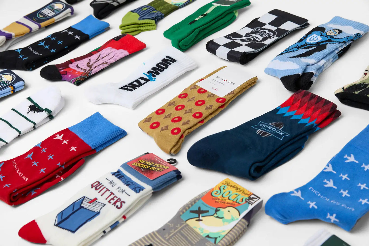 Private label custom sock collection showcasing diverse branded designs and patterns